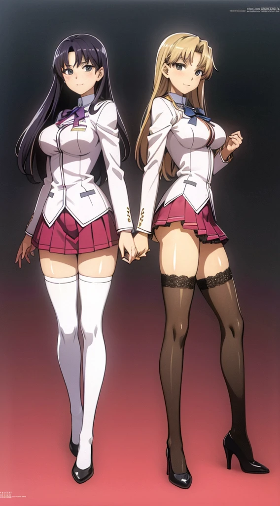 Masterpiece, high quality, 2girls, duo, identical twins, identical sisters, brown hair, curly hair, matching hairstyles, hazel eyes, medium sized bust, (school uniform, sexy school uniform, blazer, lace section, ribbon, rainbow short skirt, white thigh-high socks, black high heels, matching outfits), smile, flat_Farbe, full body, seductive pose, Duo pose bends over to look at a beautiful woman from the side