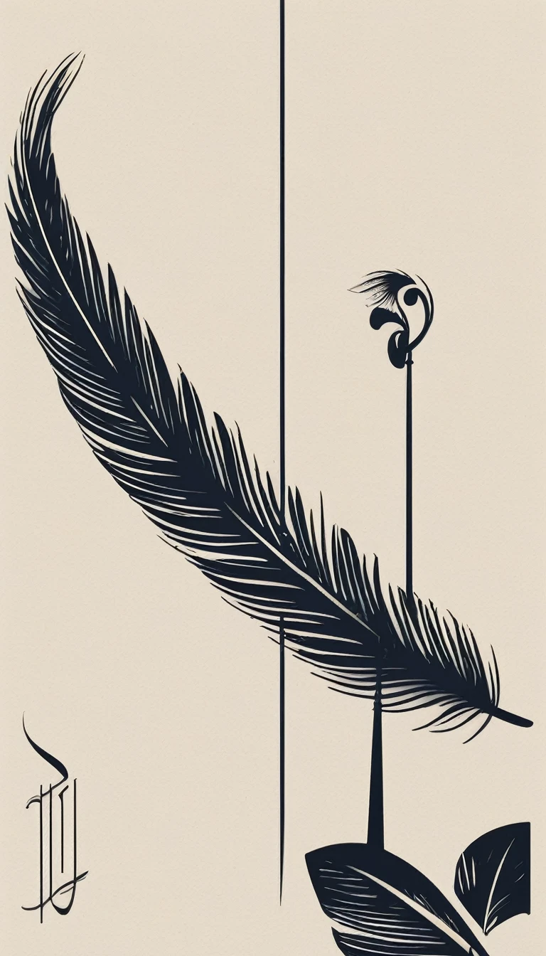 A minimal, modern, simple, cinematic logotype for the brand “Penamemoria". The logotype must be a simple, magical feather and a boy playing acoustic guitar. The logo must convey a sense of music, stories and dreams. Logo design impressed on a book cover. Minimalistic logo