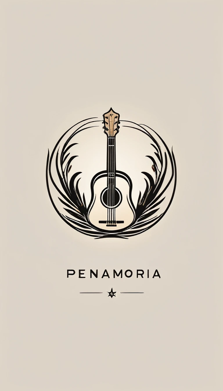 A minimal, modern, simple, cinematic logotype for the brand “Penamemoria". The logotype must be a simple, magical feather and a boy playing acoustic guitar. The logo must convey a sense of music, stories and dreams. Logo design impressed on a book cover. Minimalistic logo   