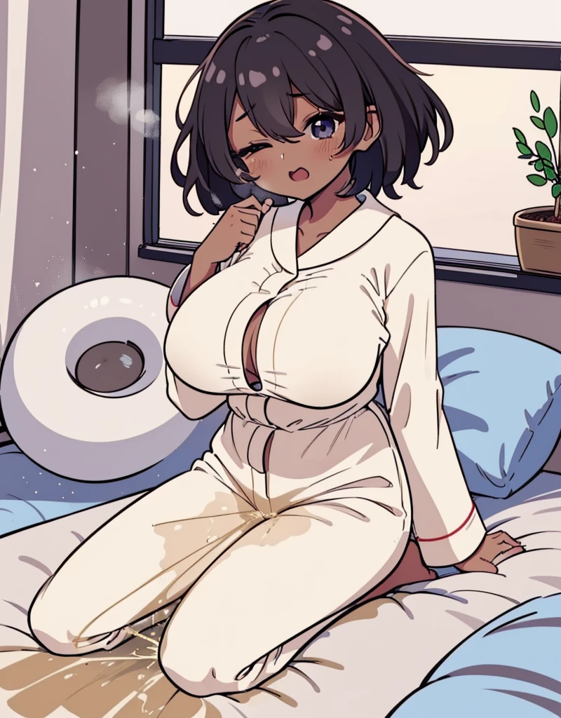 1girl, 独奏, medium breasts, dark skinned girl:1.2, ,(dark skin:1.8), black hair, short hair, pixie cut, wavy hair, (((open eyes))), wake up yawn, open mouth, covering mouth, pijamas, (white pajamas), window, morning, looking at viewer, sitting, seiza, waking up, on bed, full body, ((ultra detailed, masterpiece, best quality, 8K)),(Urine-stained futon,Pee-stained futon,Steam from crotch,Hospital room,Urine vapor),((Open your eyes)),huge breasts,((片Open your eyes,Open only one eye,Surprised face)),cheek,()