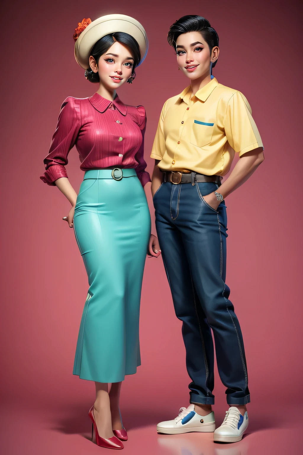 make a realistic  ,caricature of an Indonesian couple,This masterpiece captures the essence of the era, radiating nostalgia and vintage charm. Funky casual  outfit  and allure of the 1980s style.random hair style The cover showcases his confidence and glamour, simple background, high detail,full body shot