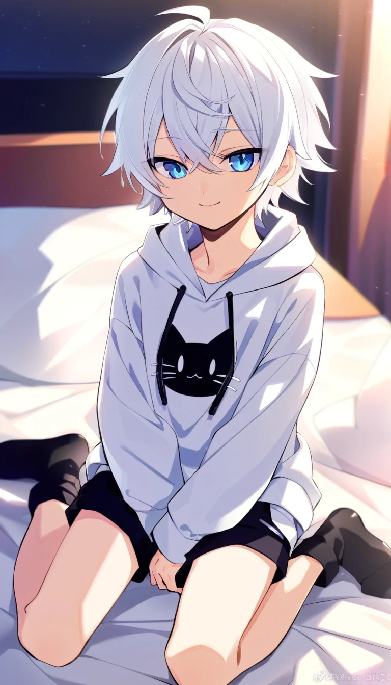 oe boy, cat hoodie, cute, cool, lovely, naive, short pants, handsome, shota, light blue eyes, cowboy shota, smile peacefully, stare at me, wariza on bed, white hair
