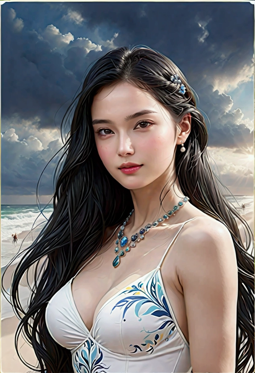 ((Masterpieces with up to 16K resolution:1.6)),Highest quality,it is really amazing,Very detailed,Ultra-high resolution,(Real:1.5),(Realistic:1.5),Increased depth of field,Cinematic Light,
Elegant mature woman,
Long black hair,(Exquisitely detailed face:1.5),Face with a gentle expression,Translucent white skin,Very sensitive skin,Great proportions,Anatomically correct body,
Sexy bikini swimwear,Artistic design,Beautiful and detailed pattern,Detailed fabric texture,Gorgeous necklace,
Coastal landscape at dusk,Dark clouds and dark sky,delay々Continuing sandy beach, Deserted Beach,Dark sea surface,
(Cowboy Shot:1.6),