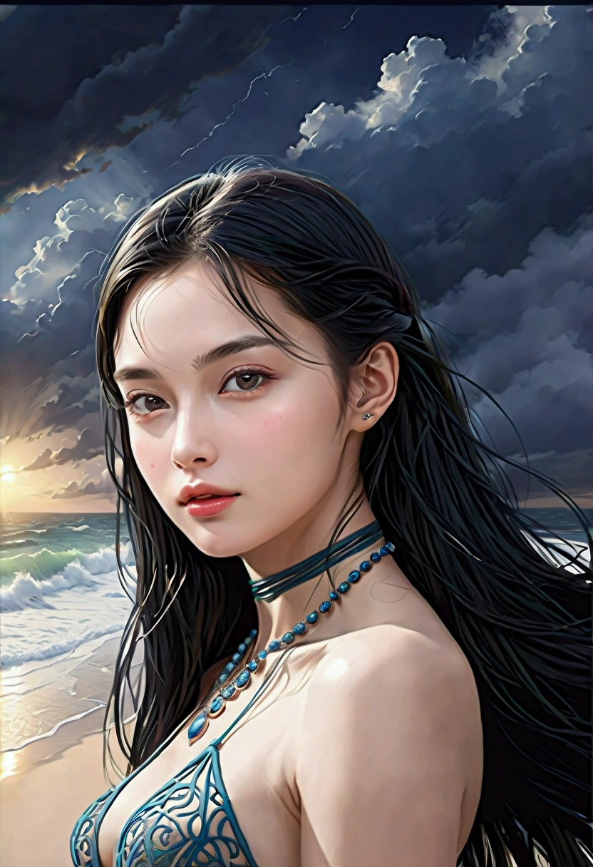 ((Masterpieces with up to 16K resolution:1.6)),Highest quality,it is really amazing,Very detailed,Ultra-high resolution,(Real:1.5),(Realistic:1.5),Increased depth of field,Cinematic Light,
Elegant mature woman,
Long black hair,(Exquisitely detailed face:1.5),Face with a gentle expression,Translucent white skin,Very sensitive skin,Great proportions,Anatomically correct body,
Sexy bikini swimwear,Artistic design,Beautiful and detailed pattern,Detailed fabric texture,Gorgeous necklace,
Coastal landscape at dusk,Dark clouds and dark sky,delay々Continuing sandy beach, Deserted Beach,Dark sea surface,
(Cowboy Shot:1.6),