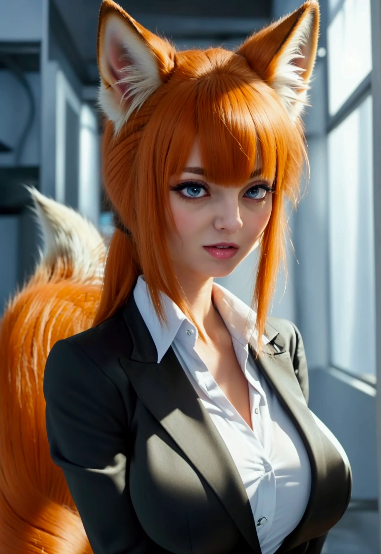 ((highest quality)), ((masterpiece)), (Get used to it), public, Perfect Face, Fox Girl, Beautiful woman, It has a fluffy tail., She has a fox&#39;s tail, She wags her tail, Troubled face, Collars and Leads, She is wearing a business suit, Beautiful Hips, Big tail,  spreading herself open to a new guy to penatrate 