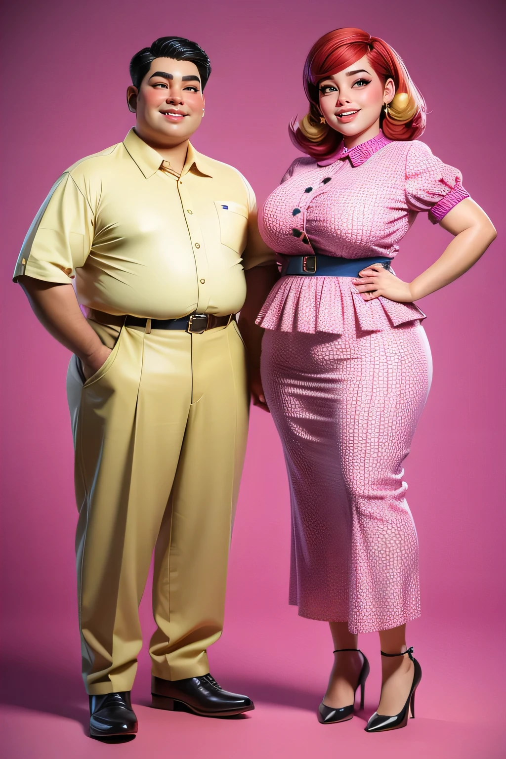 make a realistic ,caricature of a fat malay couple,This masterpiece captures the essence of the era, radiating nostalgia and vintage charm. Funky outfit and allure of the 1980s style. The cover showcases their confidence , simple background, high detail,full body shot