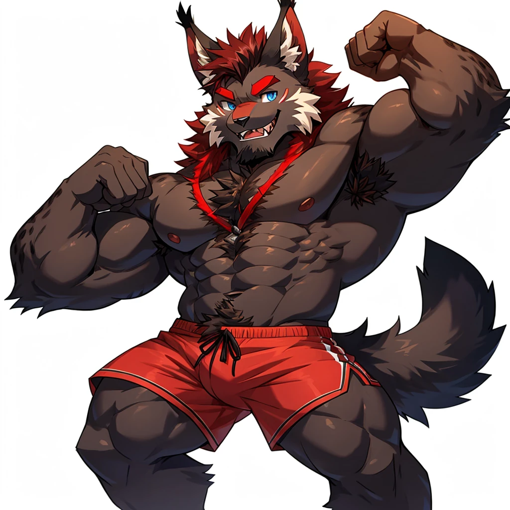 ((Furry lynx cat)), ((chibi)), (body fully covered in black fur), (fully covered in black fur), (black fur), sharp fangs, sharp teeth, summer shorts outfit, cute, blue eyes, red chest hair, red eyebrows, red armpit hair, long black hair, black mane, black nose, black tail, black tail with red tip, red whiskers, happy, smile, correct Anatomy, correct hand, ((white background)), (Acting happy), (hands up), enjoy, ((front view)), full body, sexy, (flexing), (muscle), black tail, black tail red tail tip, red eyebrows, red chest hair, red armpit hair