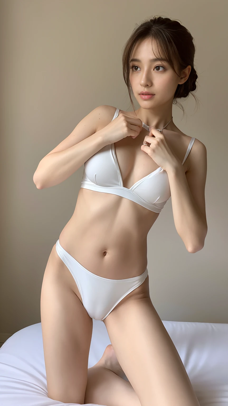 Flat-chested girl、Ballerina-like figure、slender、Swimwear、Beauty、masterpiece,best quality,ultra detailed,highres,high-resolution,4K,realistic,RAW photo,Beautiful legs、white、beige、pastel colour、A Cup、Small breasticro Bikini、(((flat-chested)))、Small breasts、Small breasts、((Camel Toe))、Short tank top、Dynamic pose、Dynamic Angles、Serious look、Y-shaped balance
