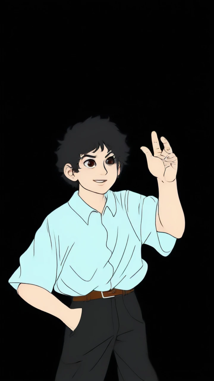 3d model a man stand up with left hand raise and other hand in the pocket, curly hair, open smile mouth, 22 years old looking man