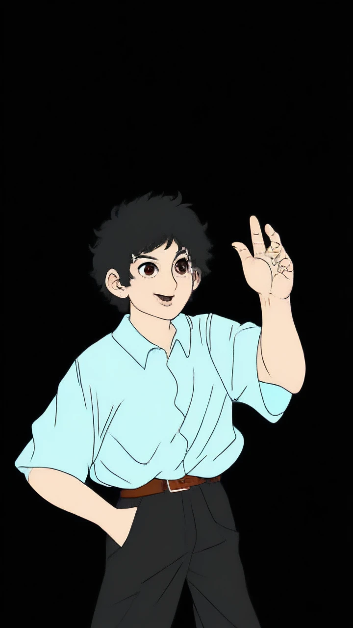3d model a man stand up with left hand raise and other hand in the pocket, curly hair, open smile mouth, 22 years old looking man