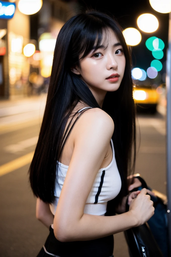 (Cinematic Aesthetic:1.4) Photo of a beautiful korean fashion model bokeh city night. long black hair. Sexy. Cute. 