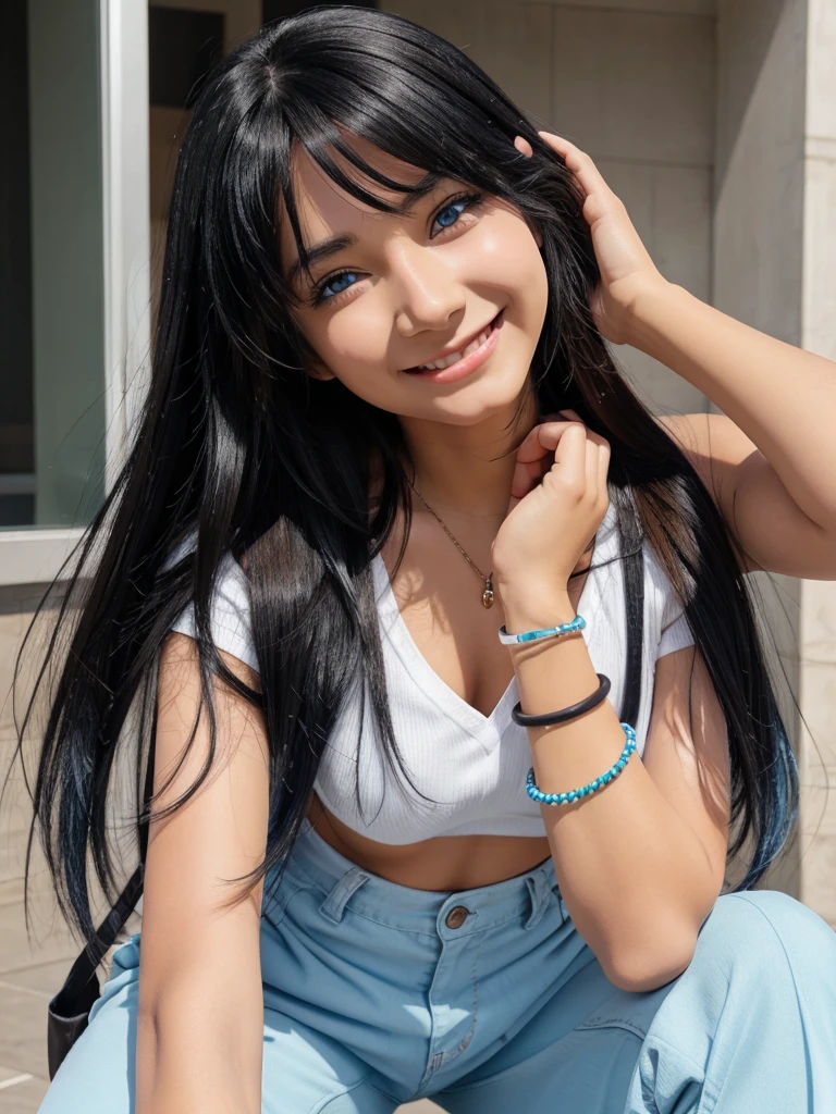 Anime girl Black hair blue eyes skin colour white and with brown pant with smiling face emotion normal bracelet with black colour