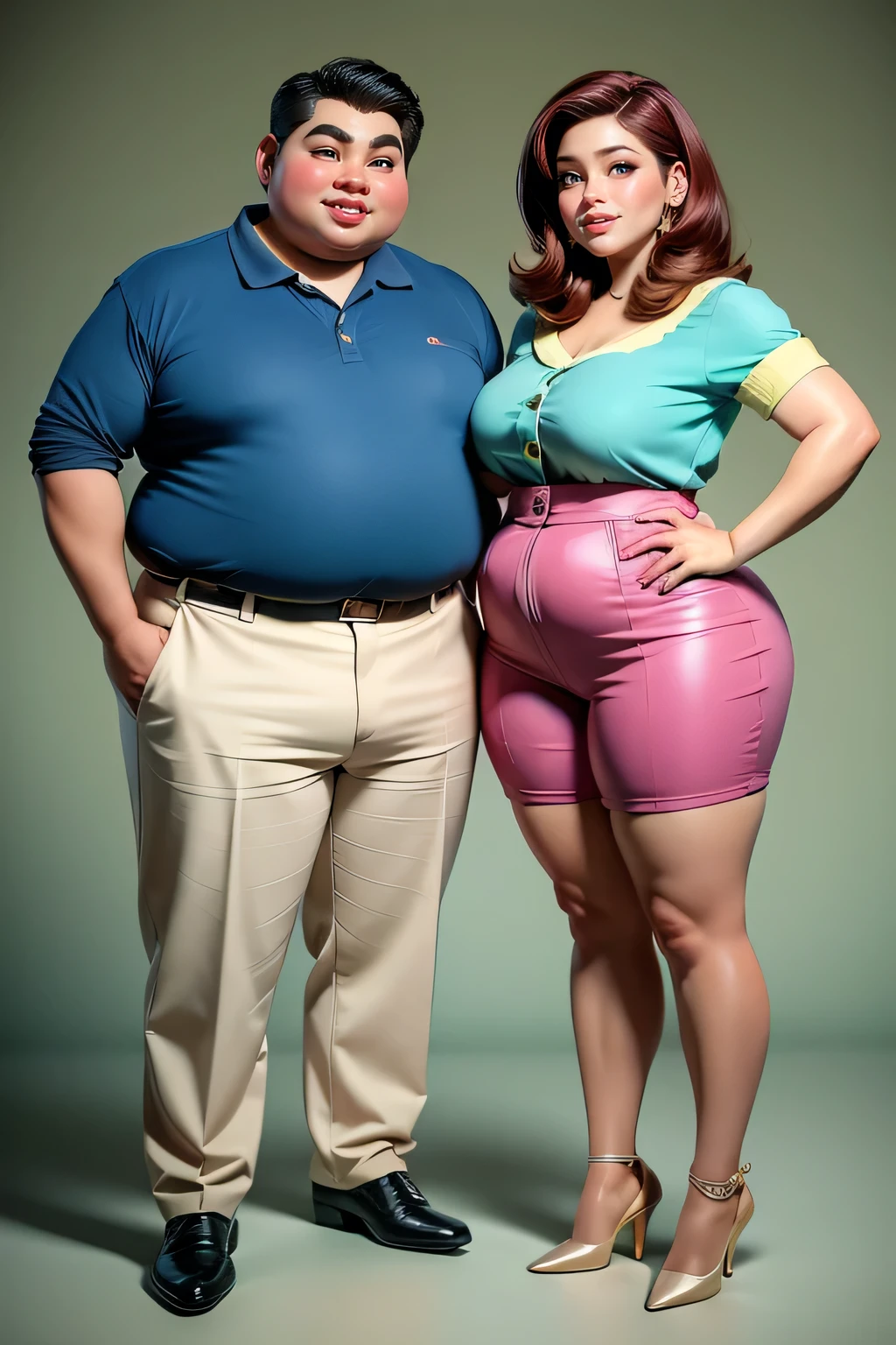 make a realistic ,exaggerated funny caricature of a fat malay couple,This masterpiece captures the essence of the era, radiating nostalgia and vintage charm. Casual outfit and allure of the 1980s style. The cover showcases their confidence , simple background, high detail,full body shot