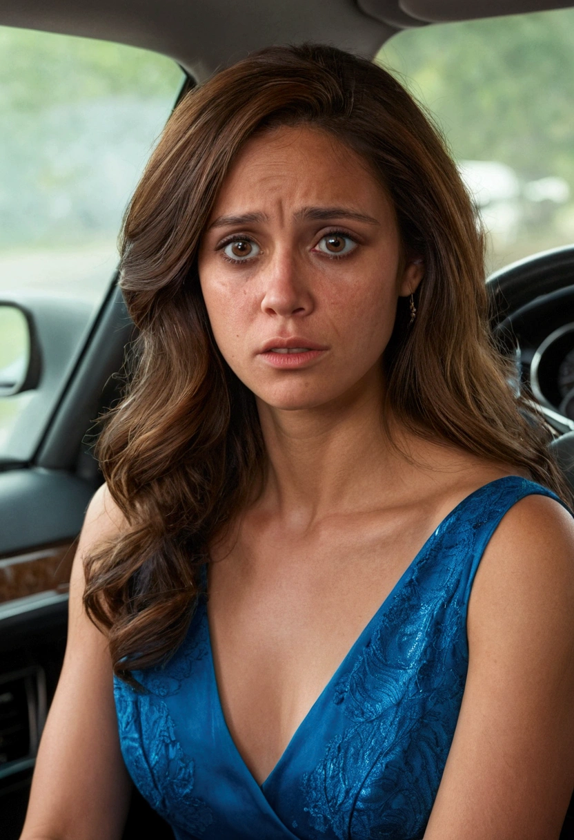 Create a hyper-realistic image of a 29-year-old woman discovering she has been betrayed by her fiancé. She has brown, long hair, brown eyes, smoothly bronzed skin, and an expression of sadness and despair. She is wearing a beautiful low-cut blue dress and is seated in the driver's seat of her car, hands on the steering wheel. The image should realistically capture her human-like features and emotional impact.