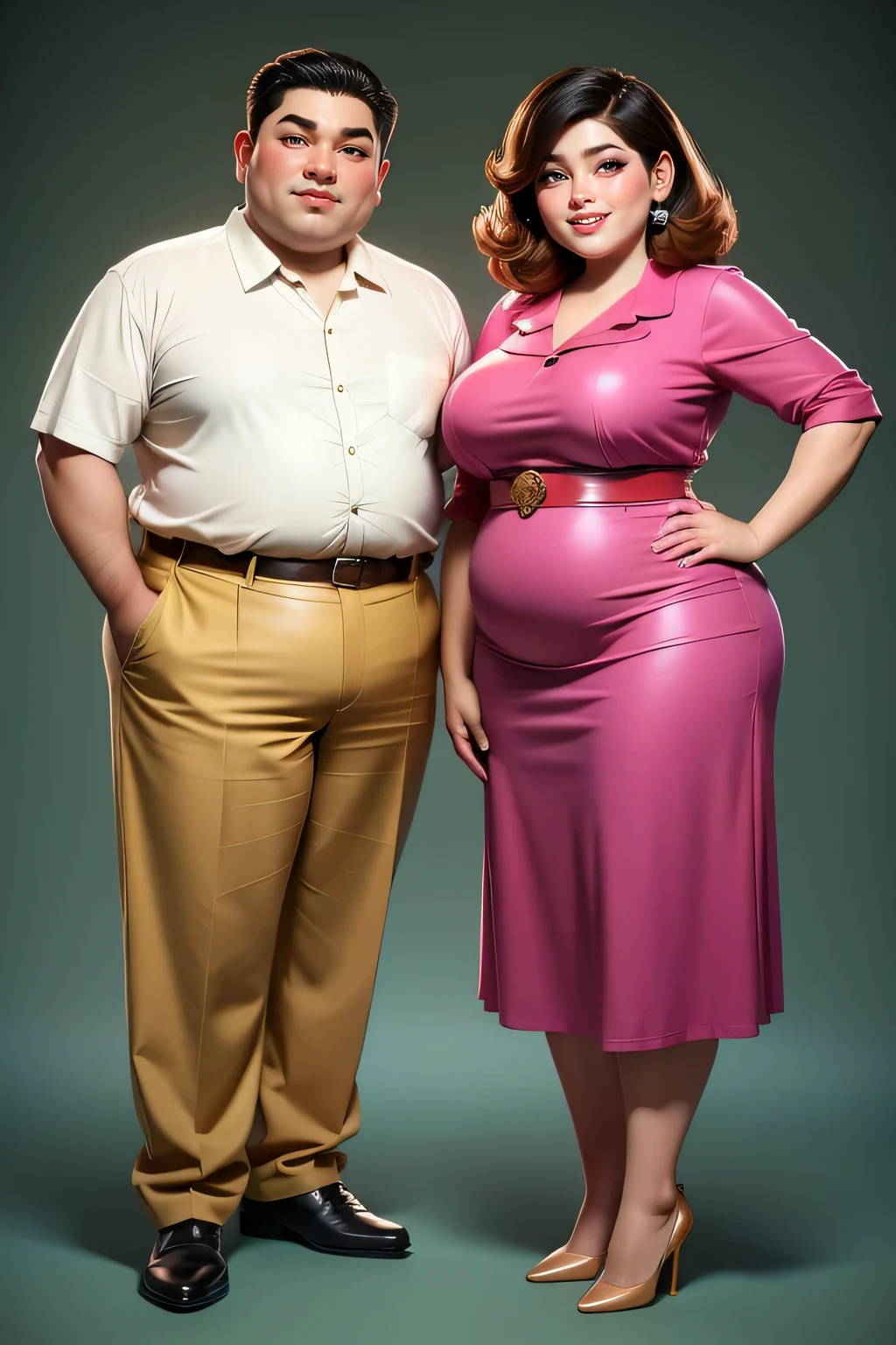 make a realistic  , caricature of a fat malay couple,This masterpiece captures the essence of the era, radiating nostalgia and vintage charm. Casual outfit  and allure of the 1980s style. The cover showcases their confidence , simple background, high detail,full body shot