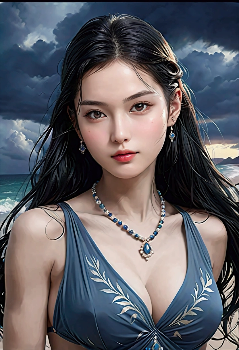 ((Masterpieces with up to 16K resolution:1.6)),Highest quality,it is really amazing,Very detailed,Ultra-high resolution,(Real:1.5),(Realistic:1.5),Increased depth of field,Cinematic Light,
Elegant mature woman,
Long black hair,(Exquisitely detailed face:1.5),Face with a gentle expression,Translucent white skin,Very sensitive skin,Great proportions,Anatomically correct body,
Sexy bikini swimwear,Artistic design,Beautiful and detailed pattern,Detailed fabric texture,Gorgeous necklace,
Coastal landscape at dusk,Dark clouds and dark sky,delay々Continuing sandy beach, Deserted Beach,Dark sea surface,
(Cowboy Shot:1.6),