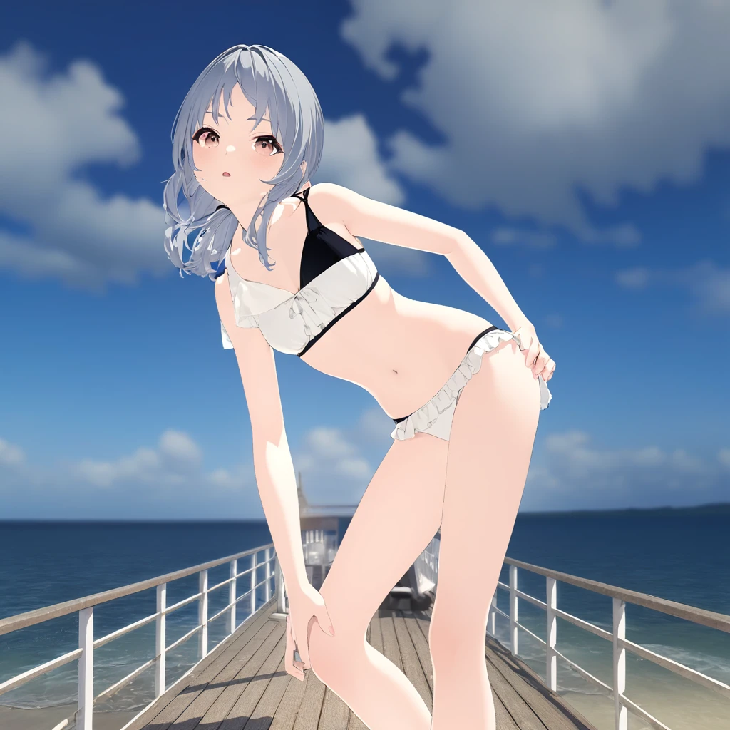 anime girl in a bikini on a pier by the ocean, realistic bikini, clothing: bikini, 3d anime girl, render of a cute 3d anime girl, Smooth anime CG art, Pause, , フルPause, Live2D Virtual Youtuber Model, in the sea, Wearing a swimsuit, 淫らなPause, ビーチでPauseをとる