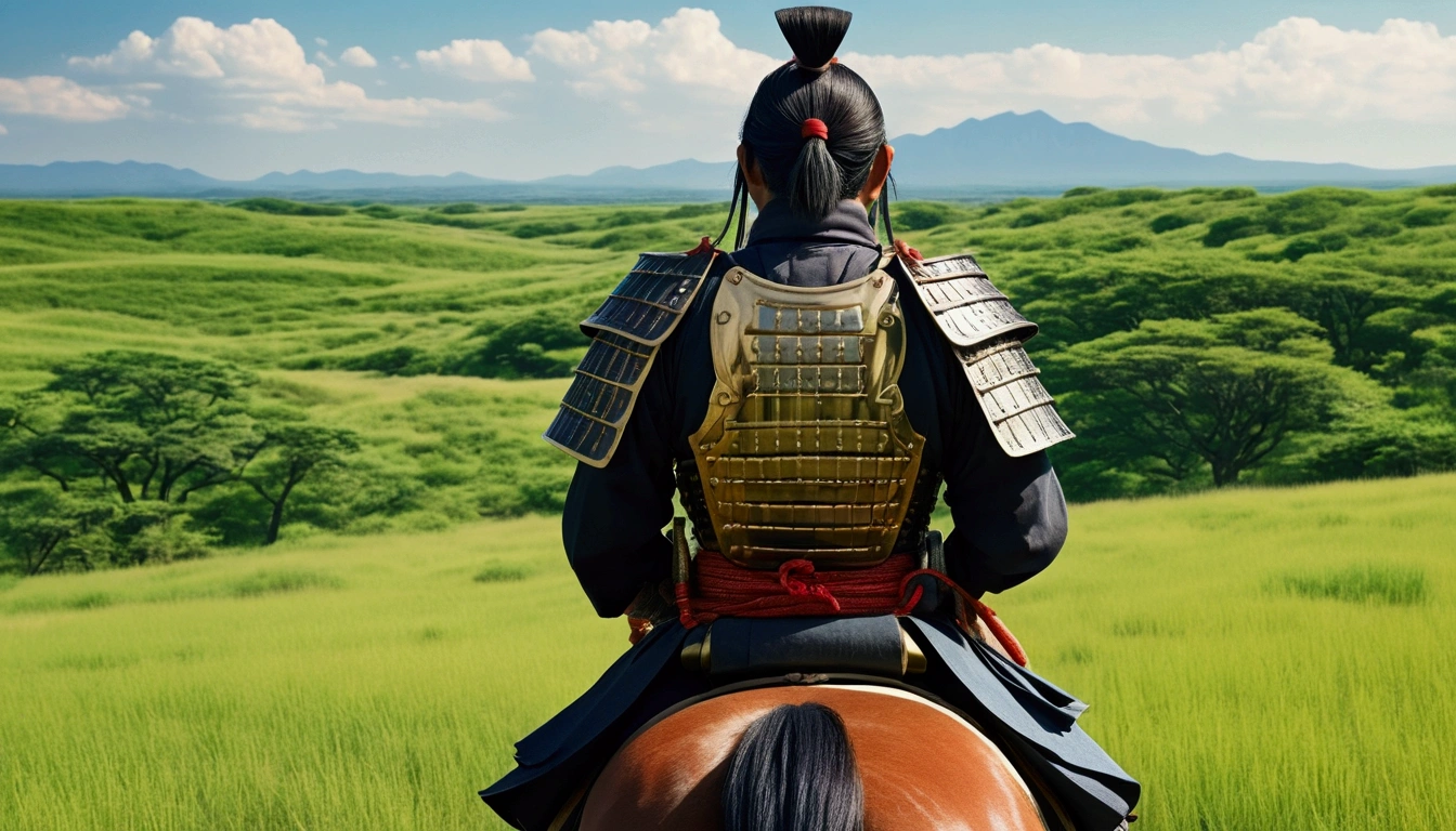 Manga style,Traditional Japanese samurai armor,Back view,skilled swordsmanship,Japanese Landscape,Summer steppe,Fresh greenery,Samurai on horseback,Vibrant colors,Serene atmosphere