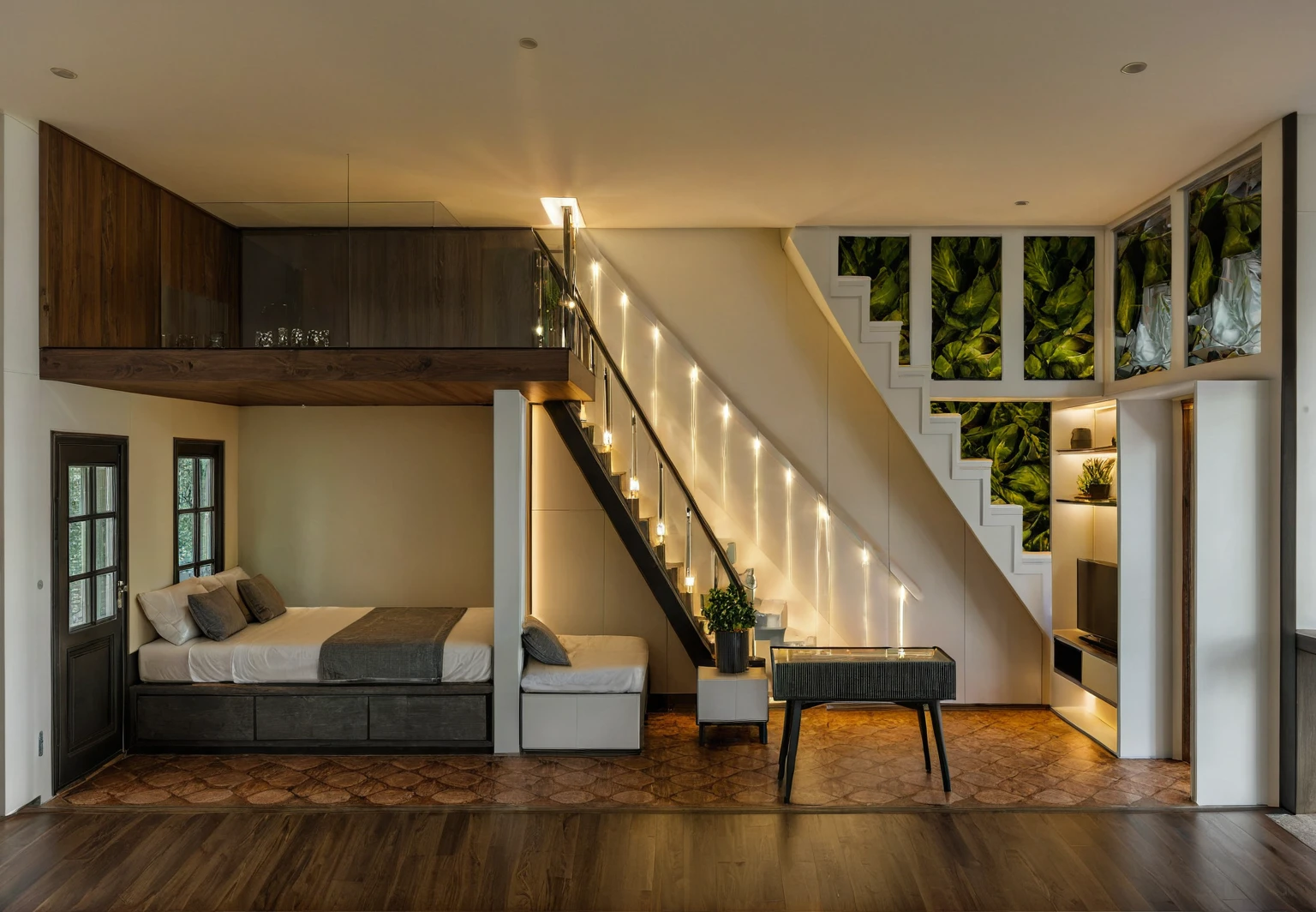 Raw photo, Masterpiece, high quality, best quality, authentic, super detail, interior, indoors, style modern, minimalist line, wooden, dark walnut wood, LED light, white paint wall, LIVING ROOM, PEN HOUSE, wooden window, japan style, wasabi style, Jen style, steel stair, glass railing, paint wall decor, bookshelf, livingroom, Indochine style,