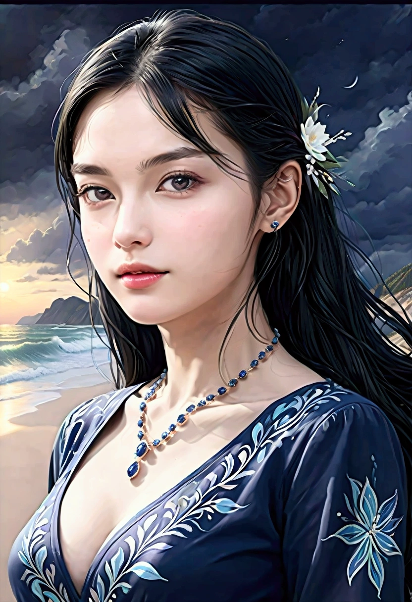 ((Masterpieces with up to 16K resolution:1.6)),Highest quality,it is really amazing,Very detailed,Ultra-high resolution,(Real:1.5),(Realistic:1.5),Increased depth of field,Cinematic Light,
Elegant mature woman,
Long black hair,(Exquisitely detailed face:1.5),Face with a gentle expression,Translucent white skin,Very sensitive skin,Great proportions,Anatomically correct body,
Sexy bikini swimwear,Artistic design,Beautiful and detailed pattern,Detailed fabric texture,Gorgeous necklace,
Coastal landscape at dusk,Dark clouds and dark sky,delay々Continuing sandy beach, Deserted Beach,Dark sea surface,
(Cowboy Shot:1.6),