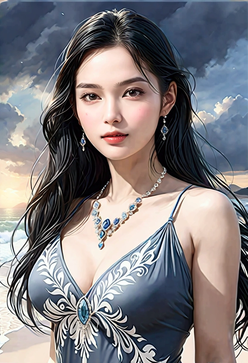 ((Masterpieces with up to 16K resolution:1.6)),Highest quality,it is really amazing,Very detailed,Ultra-high resolution,(Real:1.5),(Realistic:1.5),Increased depth of field,Cinematic Light,
Elegant mature woman,
Long black hair,(Exquisitely detailed face:1.5),Face with a gentle expression,Translucent white skin,Very sensitive skin,Great proportions,Anatomically correct body,
Sexy bikini swimwear,Artistic design,Beautiful and detailed pattern,Detailed fabric texture,Gorgeous necklace,
Coastal landscape at dusk,Dark clouds and dark sky,delay々Continuing sandy beach, Deserted Beach,Dark sea surface,
(Cowboy Shot:1.6),