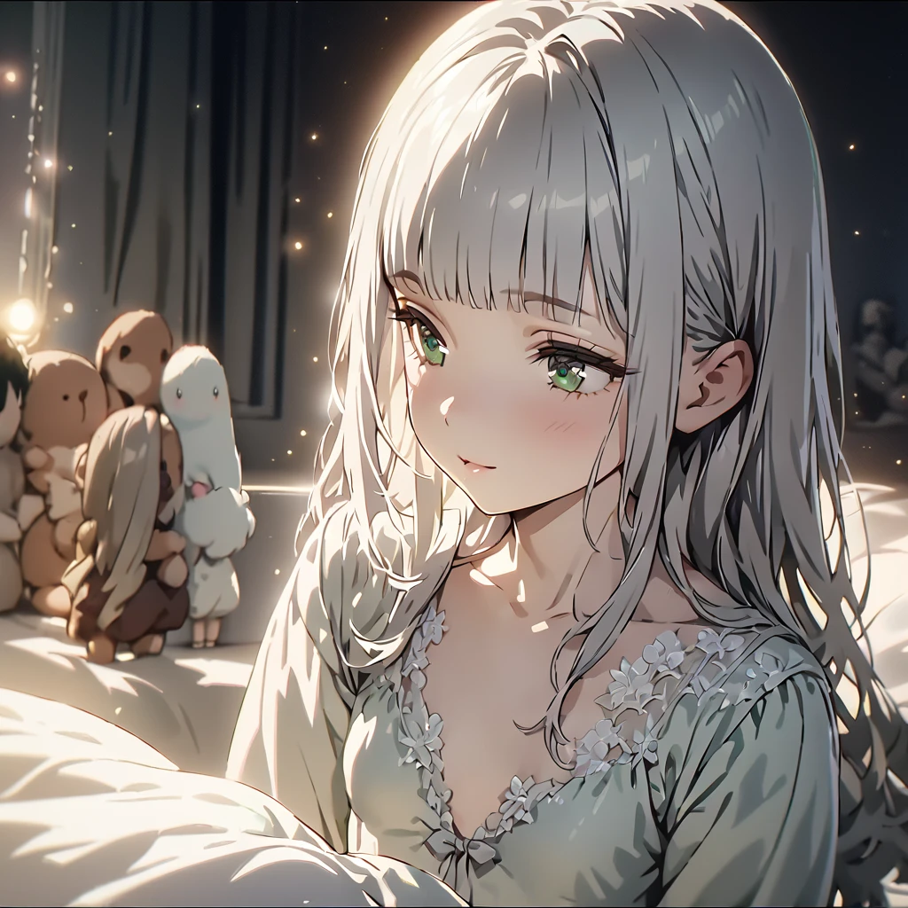 masterpiece, ultra detailed, 8K,  (Cute a girl:1.5), 
(masterpiece:1.3), anime visual,pale puple long hair,blunt bangs hair,green eyes, (Lovey-dovey:1.5), (tilt head:1.3), extremely delicate face, soft clean focus, realistic lighting and shading, (an extremely delicate and beautiful art:1.3), elegant, (muted colors:1.1), small breast,slim,Pink ribbed frill trim pajamas, a bed, a night light, a kind smile,Sleeping with a teddy bear,(night lit:1.5),