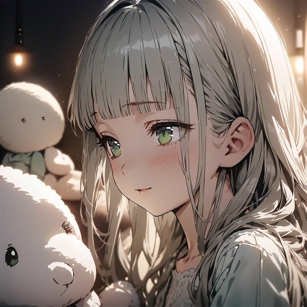 masterpiece, ultra detailed, 8K, (Cute a girl:1.5),
(masterpiece:1.3), anime visual,pale puple long hair,blunt bangs hair,green eyes, (Lovey-dovey:1.5), (tilt head:1.3), extremely delicate face, soft clean focus, realistic lighting and shading, (an extremely delicate and beautiful art:1.3), elegant, (muted colors:1.1), small breast,slim,Pink ribbed frill trim pajamas, a bed, a night light, a kind smile,Sleeping with a teddy bear,(night lit:1.5),