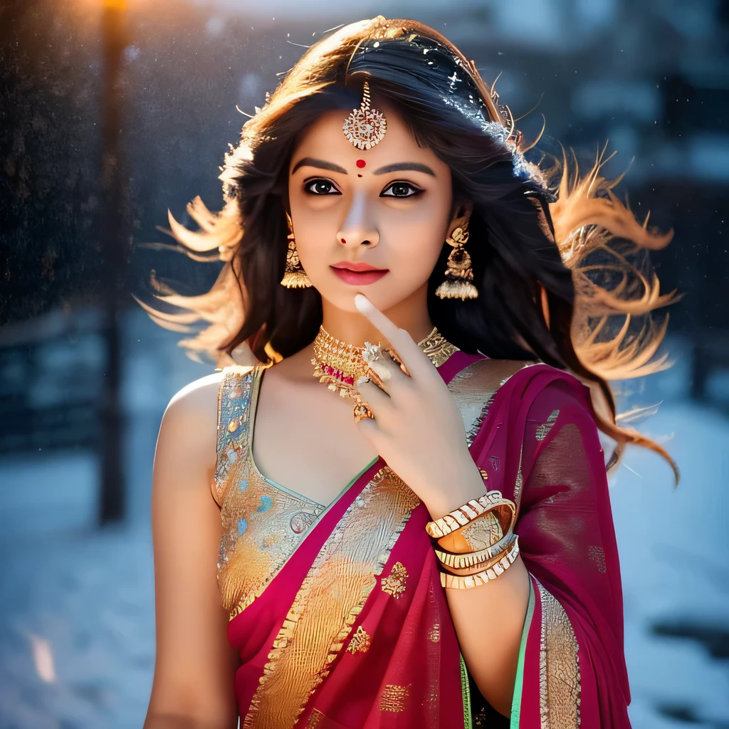 a beautiful Indian girl,traditional indian saree,inspired by kajol and Samantha,detailed face and body,extremely detailed eyes and features,photorealistic,high quality,intricate details,cinematic lighting,vivid colors,dramatic pose,elegant,graceful,alluring,seductive,sensual,mystical,dreamlike,magical atmosphere, falling snow