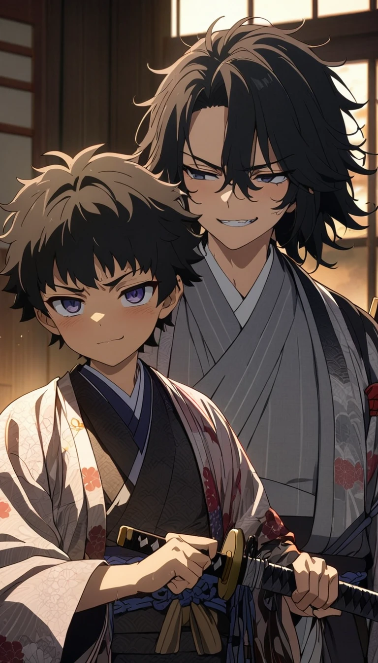 black hair, messy hair, short hair, evil smile, anime, masterpiece, accurate, textured skin, high quality, high details, best quality, super detail, Young samurai, Japanese sword, cute boy, wearing kimono, Holding a Japanese sword, A 16-year-old boy from the Edo period, Japanese, Flower pattern kimono