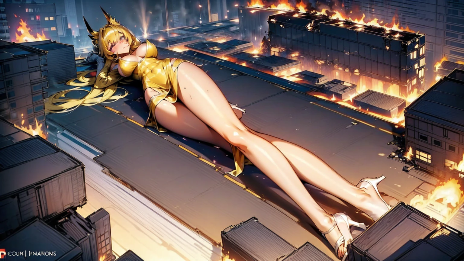 Giantess with firm , long sexy legs, yellow hair and in bikini is lying on the ground, while the city at her feet burns in flames for the destruction she has caused, while people run away from her, so as not to die crushed by her heels. Giantess, goddess, macrophilia, curvaceous body, hentai, fetish, sexy legs, bikini, high heels, high quality