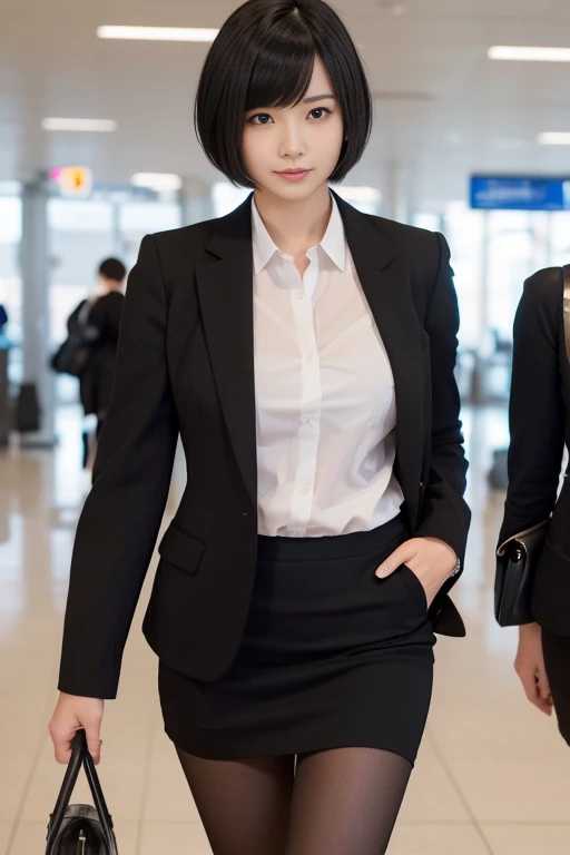 (High resolution:1.3), (16K, Realistic, RAW Photos, SNS Photos, Best image quality: 1.4), Japanese, (One Girl), Beautiful Face, (Lively Faces), (Black-haired、short hair:1.3), Beautiful Hairstyles, Realistic eyes, Beautiful and detailed eyes, (Realistic Skin), Beautiful skins, Charm, 超A high resolution, Surreal, High detail, Golden Ratio, Highly detailed cute girl,(20-year-old), office, Half naked, suit, Business Skirt,Wearing black pantyhose,Walking through the airport,High heels are visible