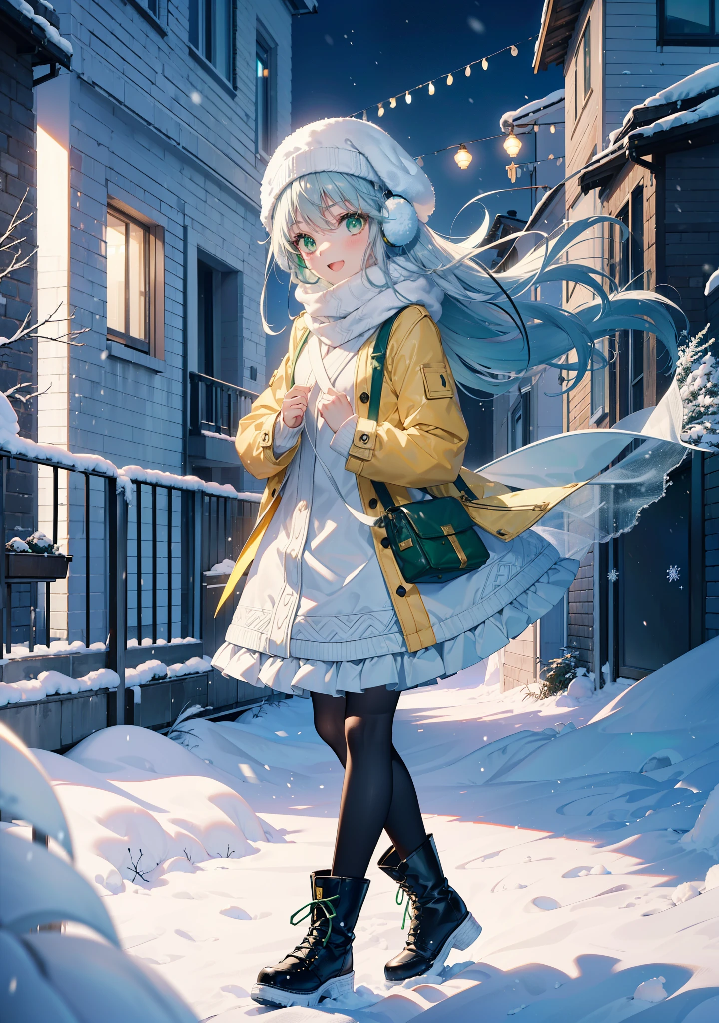 index, index, (Green Eyes:1.5), Silver Hair, Long Hair, (Flat Chest:1.2),happy smile, smile, Open your mouth,Knitted hat,Yellow long coat,White Tokkuri Sweater,Earmuffs,White scarf,Black long skirt,Black pantyhose,short boots,Walking,Snow is piled up,It&#39;s snowing,Snow Scene,Shirogane World,night,moonlight,Let the world enter your illustrations,
break looking at viewer, whole body,
break outdoors, Snow Country,Residential Street,
break (masterpiece:1.2), Highest quality, High resolution, unity 8k wallpaper, (figure:0.8), (Beautiful attention to detail:1.6), Highly detailed face, Perfect lighting, Highly detailed CG, (Perfect hands, Perfect Anatomy),