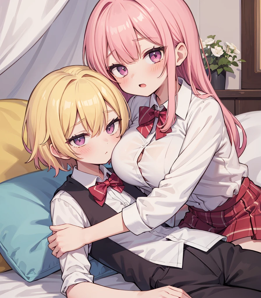 masterpiece, Highest quality, so beautiful, absurdists,High resolution,One girl, One boy,Cuddling in bed, like,sexly,Look at each one, blush,Age difference,bow tie,blondes,chest,Long Hair,Pink Hair,Tucked in shirt,short hair,skirt,Tent shirt,Slut,Big breasted sister and brother,Siblings, trousers,Pushing her big tits against her brother,(My brother&#39;s erect penis),((((姉のvery huge breasts,Sister crushes her big tits in her brother&#39;s face)))),(((((Very huge breasts))))),(((((small penis,NSFW,Soft Very HUGE breasts))))),((Bursting Breasts,Huge breasts hiding her brother&#39;s face)),((((((((Huge Breasts, Large Breasts, Very Large Breasts, Very Large Breasts, Very Large Breasts, Very Large Breasts, Very Large Breasts, Very Large Breasts, Very Large Breasts, Very Large Breasts, Very Large Breasts, Very Large Breasts, Burying Face in Breasts)))))))),Two people gazing at each other,puffy breasts,((Face crushed by tits, huge breasts on brother's body, mouth covered by tits, breasts covering face)),((huge breasts)),soft massive breasts