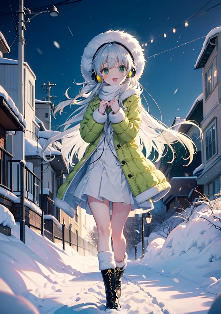 index, index, (Green Eyes:1.5), Silver Hair, Long Hair, (Flat Chest:1.2),happy smile, smile, Open your mouth,Knitted hat,Yellow long coat,White Tokkuri Sweater,Earmuffs,White scarf,Black long skirt,Black pantyhose,short boots,Walking,Snow is piled up,It&#39;s snowing,Snow Scene,Shirogane World,night,moonlight,Let the world enter your illustrations,
break looking at viewer, whole body,
break outdoors, Snow Country,Residential Street,
break (masterpiece:1.2), Highest quality, High resolution, unity 8k wallpaper, (figure:0.8), (Beautiful attention to detail:1.6), Highly detailed face, Perfect lighting, Highly detailed CG, (Perfect hands, Perfect Anatomy),