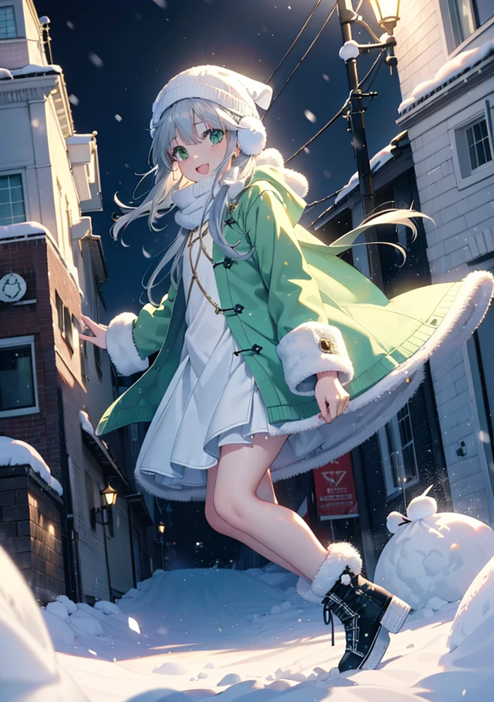 index, index, (Green Eyes:1.5), Silver Hair, Long Hair, (Flat Chest:1.2),happy smile, smile, Open your mouth,Knitted hat,Yellow long coat,White Tokkuri Sweater,Earmuffs,White scarf,Black long skirt,Black pantyhose,short boots,Walking,Snow is piled up,It&#39;s snowing,Snow Scene,Shirogane World,night,moonlight,Let the world enter your illustrations,
break looking at viewer, whole body,
break outdoors, Snow Country,Residential Street,
break (masterpiece:1.2), Highest quality, High resolution, unity 8k wallpaper, (figure:0.8), (Beautiful attention to detail:1.6), Highly detailed face, Perfect lighting, Highly detailed CG, (Perfect hands, Perfect Anatomy),