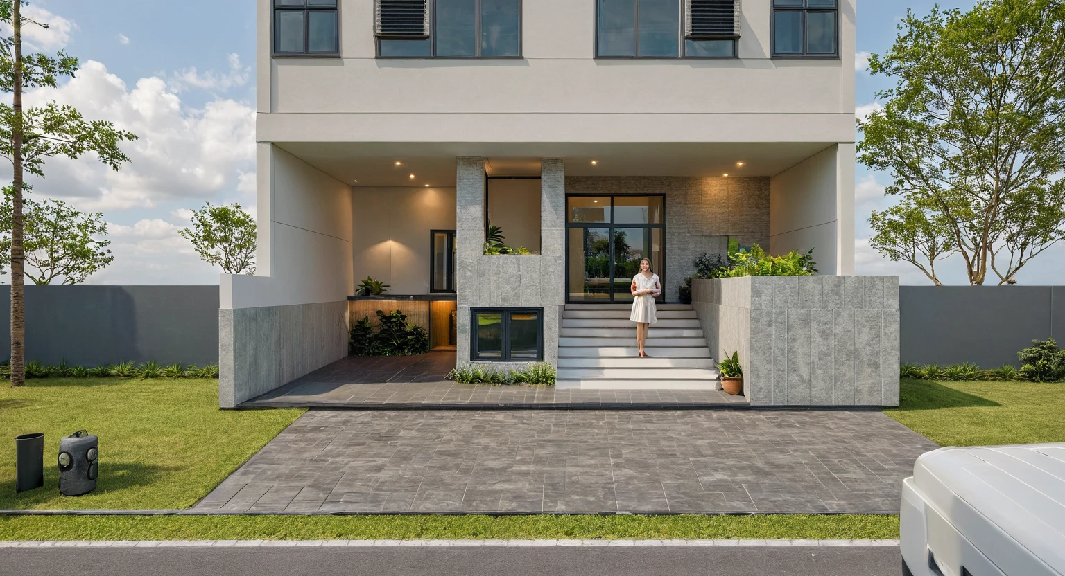 Photo brute,head of&#39;artwork, High quality, best quality, authentique, great detail,
Outside, En plein air, house, Nhamainhat, aiaigroup sur le jardin tropical, Ligne minimaliste,villa de plain-pied, style moderne, gray tile roof brick yard,grass,tropical trees, sky, (jour:1.1),Arrière-plan du jardin tropical
