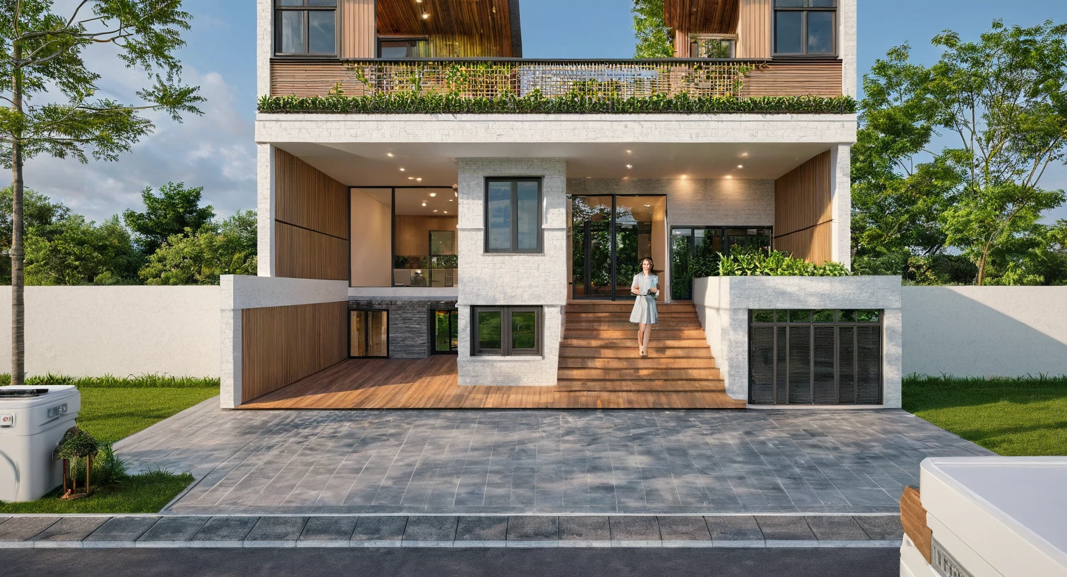 Photo brute,head of&#39;artwork, High quality, best quality, authentique, great detail,
Outside, En plein air, house, Nhamainhat, aiaigroup sur le jardin tropical, Ligne minimaliste,villa de plain-pied, style moderne, gray tile roof brick yard,grass,tropical trees, sky, (jour:1.1),Arrière-plan du jardin tropical
