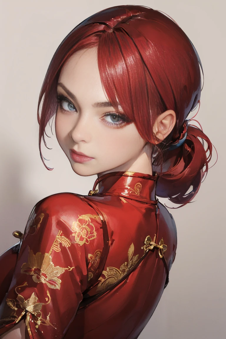 (8k, RAW photo, best quality, masterpiece:1.2), RanmaChan, RanmaRedShirt, red , turn back, show her butt ((masterpiece:1.4)), high quality, very_high_resolution, large_filesize, full color, heavy outline, clear outline, colorful, (beautiful detailed eyes), ((beautiful face:1.0)), ((boyish face:1.4)), 1 girl, (femaleranma), (red hair), short hair, (braided ponytail), ((bangs)), bumpy bangs, blue-gray eyes, big breasts, curvy, femaleranma, braided ponytail, (red chinese clothes), sleeveless, tangzhuang, black pants, cameltoe, standing, upper body, ((from front:1.4)), ((portrait:1.8)), ((face focus:1.4)), (angry),　(masterpiece,highest quality,超A high resolution),japanese woman, (((Very beautiful 25 year old girl))), pretty girl、look at the photographer､  ((beautiful low ponytail)), super cute face, glossy lips, double eyelids in both eyes,natural smile、 natural makeup, long eyelashes, Shiny and smooth hair､center image,  perfect limbs, perfect ,(((shiny cheongsam dress)))、(((turn around and look back)),