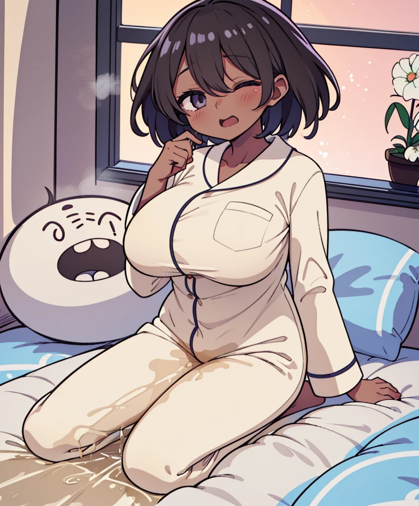 1girl, 独奏, medium breasts, dark skinned girl:1.2, ,(dark skin:1.8), black hair, short hair, pixie cut, wavy hair, (((open eyes))),  wake up yawn, open mouth, covering mouth, pijamas, (white pajamas), window, morning, looking at viewer, sitting, seiza, waking up, on bed, full body,  ((ultra detailed, masterpiece, best quality, 8K)),(Urine-stained futon,Pee-stained futon,Steam from crotch,Hospital room,Urine vapor),((Open your eyes)),huge breasts,((片Open your eyes,Open only one eye,Surprised face)),cheek,(6yo)