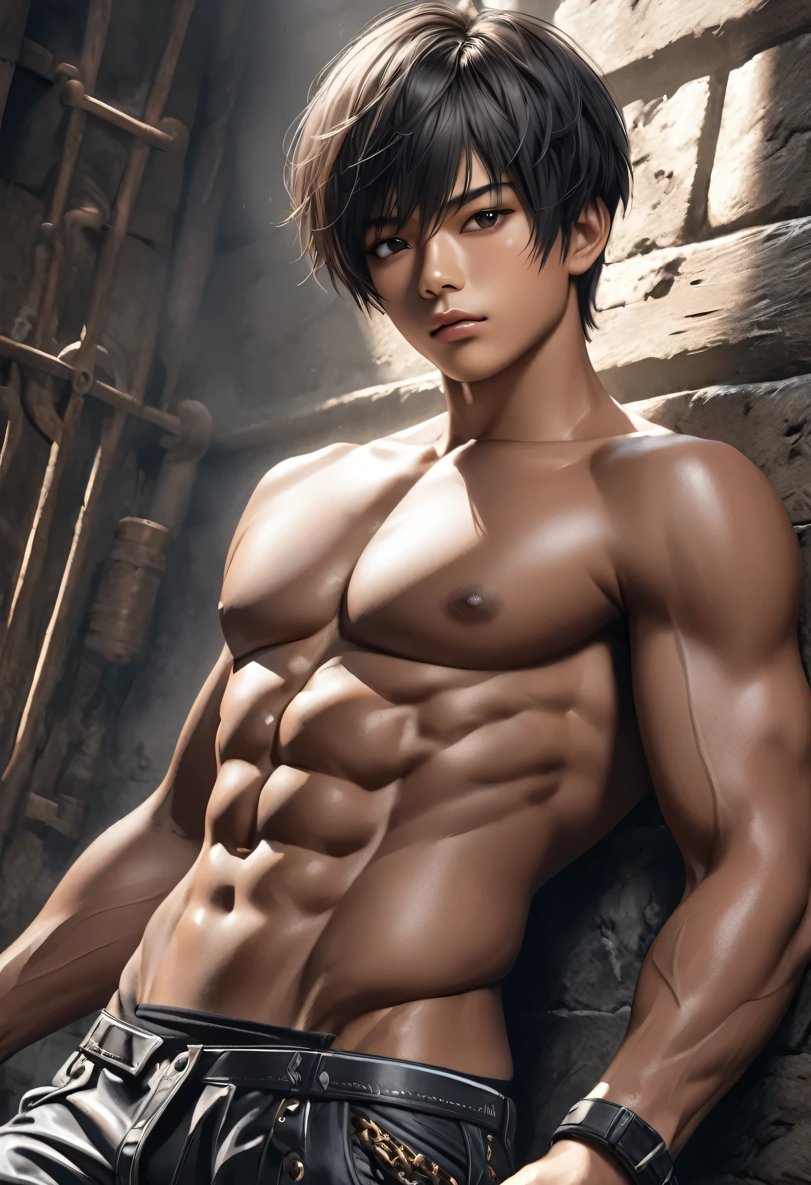 high quality, detailed, Realistic, (20 years old tanned japanese idol boy), (detailed black eyes), (black short hair), (tanned dark brown skin),(abs:1.5), dungeon, (black tiny thong), (bulge), (detailed nipples), detailed areola,best quality,4k,8k,highres,masterpiece:1.2),ultra-detailed,(realistic,photorealistic,photo-realistic:1.37), face close up, --no watch,