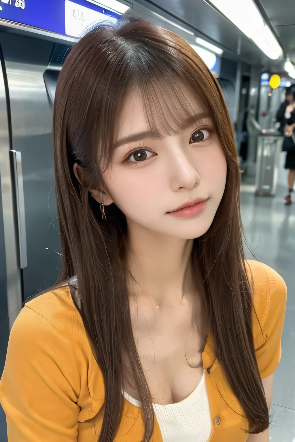 Realistic photos (1 cute Korean star) Reverse hair, light makeup, Middle breast size, Orange polo shirt, At the train station, Canon EOS Clear Facial Features, 16K, High resolution, Sharp and realistic details,  Exposure, interrupt, 超High resolution, High resolution, Highest quality