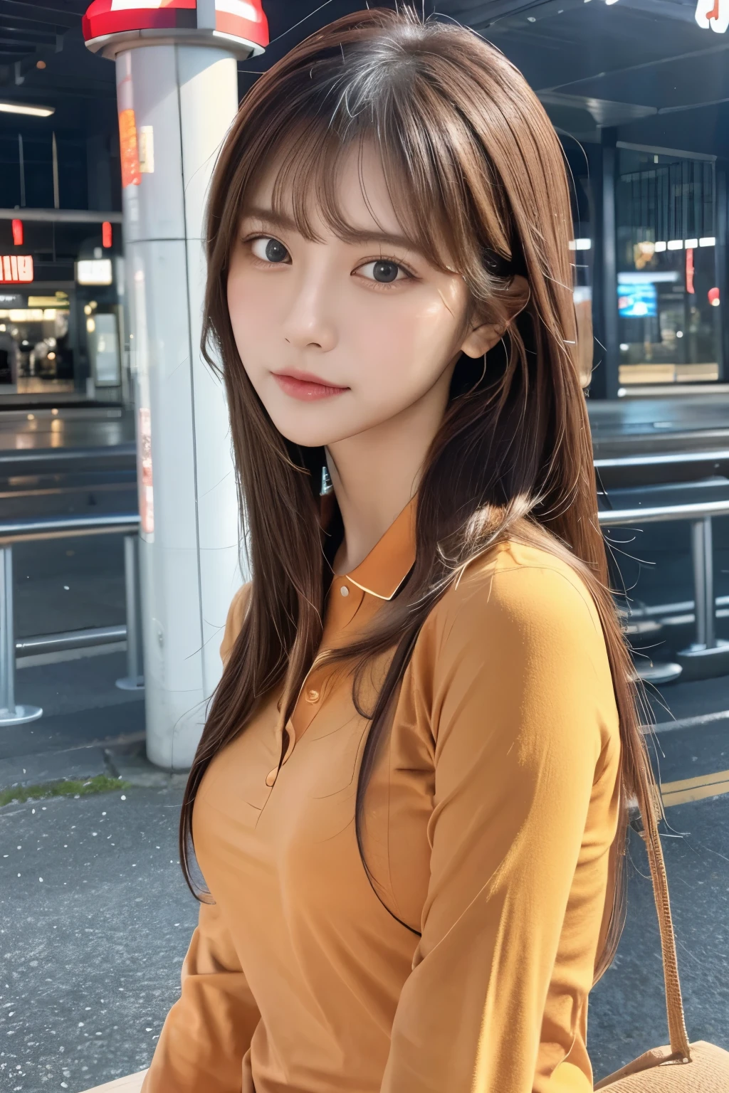 Realistic photos (1 cute Korean star) Reverse hair, light makeup, Middle breast size, Orange polo shirt, At the train station, Canon EOS Clear Facial Features, 16K, High resolution, Sharp and realistic details, Exposure, interrupt, 超High resolution, High resolution, Highest quality