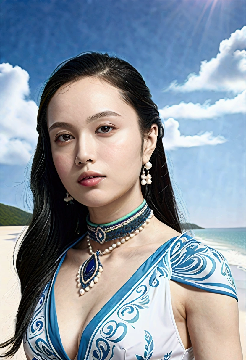 ((Masterpieces with up to 16K resolution:1.6)),Highest quality,it is really amazing,Very detailed,Ultra-high resolution,(Real:1.5),(Realistic:1.5),Increased depth of field,Cinematic Light,
Elegant mature woman,
Long black hair,(Exquisitely detailed face:1.5),Face with a gentle expression,Translucent white skin,Very sensitive skin,Great proportions,Anatomically correct body,
Sexy bikini swimwear,Artistic design,Beautiful and detailed pattern,Detailed fabric texture,Gorgeous necklace,
Coastal landscape at dusk,Dark clouds and dark sky,delay々Continuing sandy beach, Deserted Beach,Dark sea surface,
(Cowboy Shot:1.6),