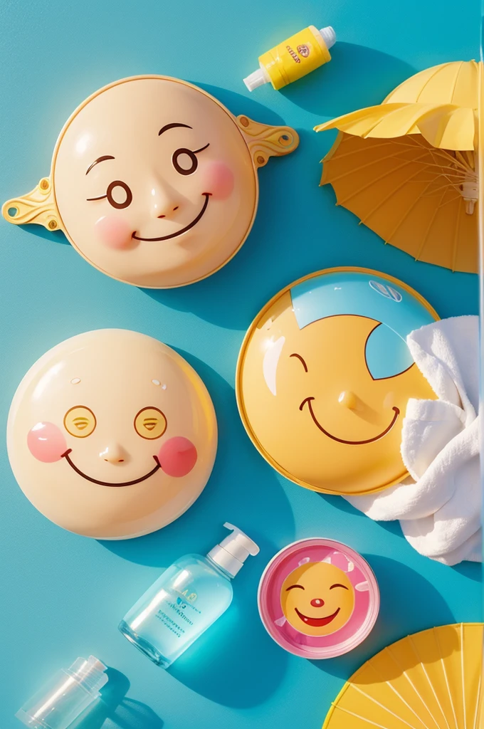 A cartoon illustration,The smiley face mask on the left represents cleansing,In the middle is a bottle of water drop-shaped moisturizing essence,On the right is a sun umbrella with a sun pattern,The label below says "Face Wash - Moisturizing - Sunscreen",The overall color is fresh,Style humor。