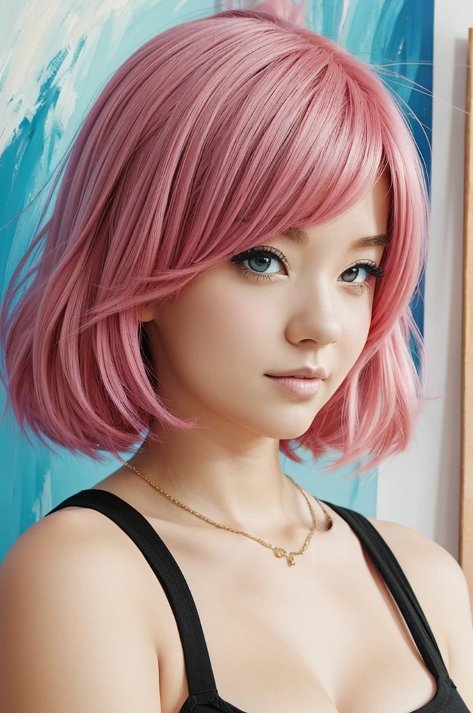 Anime style, pink hair, girl, painting