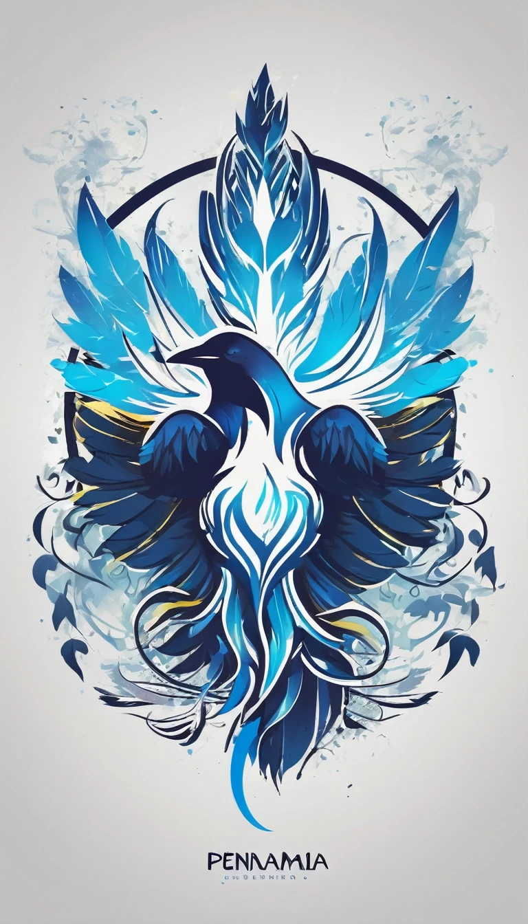 Create a minimalistic, simple, fantastic, easy to understand, logo design of a boy and a feather for an upcoming Fantasy Role Playing Game called " Penamemoria". The game is about a world full of bird and feathers. A boy enters that world and discovers his true artistic identity. Create a logo design that transmits the essence of this videogame. It´s a fantasy game, with fantasy elements. Create the logo in the center and a fantasy theme as background. Use the colours blue, white, yellow in the logo. The logo design must convey a sense of fantasy, dreams and music. Must convey a feeling of being a true Dreamer