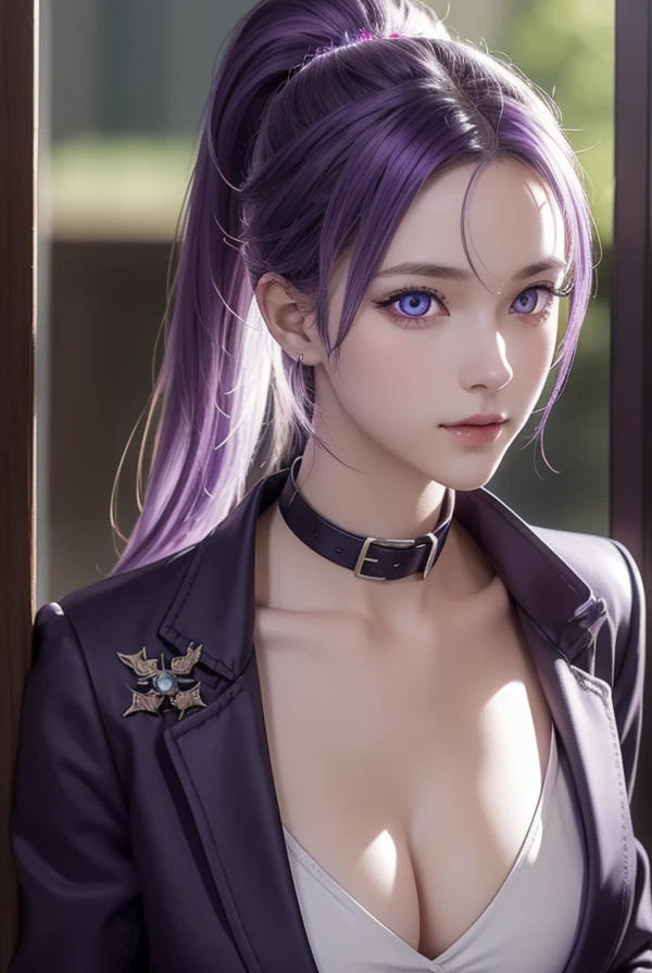 slimeshion, shion, black horns, hair intakes, horns, long hair, oni, oni girl, oni horn, oni horns, ponytail, (purple eyes:1.1), purple hair, single horn,
BREAK belt, belt buckle, black belt, buckle, cleavage, collarbone, jacket, long sleeves, office lady, pants, purple jacket, purple pants, wing collar, green collar,
BREAK looking at viewer,
BREAK outdoors,
BREAK (masterpiece:1.2), best quality, high resolution, unity 8k wallpaper, (illustration:0.8), (beautiful detailed eyes:1.6), extremely detailed face, perfect lighting, extremely detailed CG, (perfect hands, perfect anatomy),