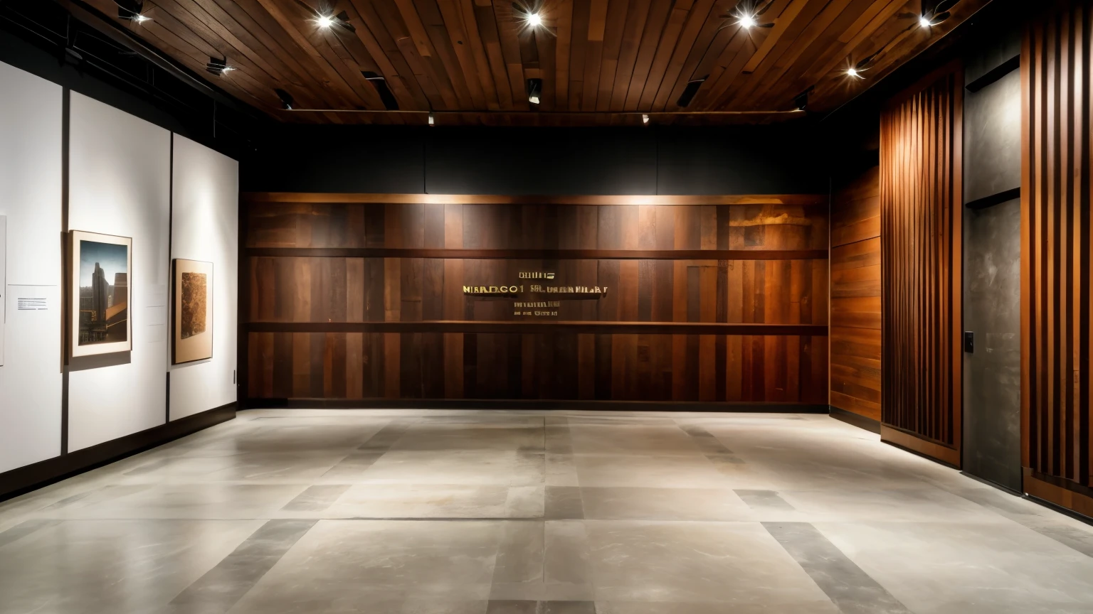 (((HD))),((Realism))，((Masterpieces))，Exhibition wall design，Wood，Metal lines，leather，Luxurious and modern，Wall 6 meters wide，2.4 meters high，12 company development photos on the wall，Futuristic design，Wooden furniture customization company
