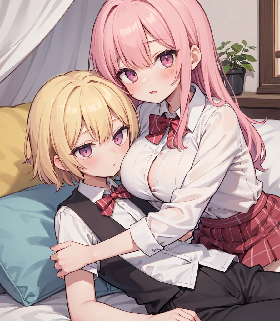 masterpiece, Highest quality, so beautiful, absurdists,High resolution,One girl, One boy,Cuddling in bed, like,sexly,Look at each one, blush,Age difference,bow tie,blondes,chest,Long Hair,Pink Hair,Tucked in shirt,short hair,skirt,Tent shirt,Slut,Big breasted sister and brother,Siblings, trousers,Pushing her big tits against her brother,(My brother&#39;s erect penis),((((姉のvery huge breasts,Sister crushes her big tits in her brother&#39;s face)))),(((((Very huge breasts))))),(((((small penis,NSFW,Soft Very HUGE breasts))))),((Bursting Breasts,Huge breasts hiding her brother&#39;s face)),((((((((Huge Breasts, Large Breasts, Very Large Breasts, Very Large Breasts, Very Large Breasts, Very Large Breasts, Very Large Breasts, Very Large Breasts, Very Large Breasts, Very Large Breasts, Very Large Breasts, Very Large Breasts, Burying Face in Breasts)))))))),Two people gazing at each other,puffy breasts,((Face crushed by tits, huge breasts on brother's body, mouth covered by tits, breasts covering face)),((huge breasts)),soft massive breasts