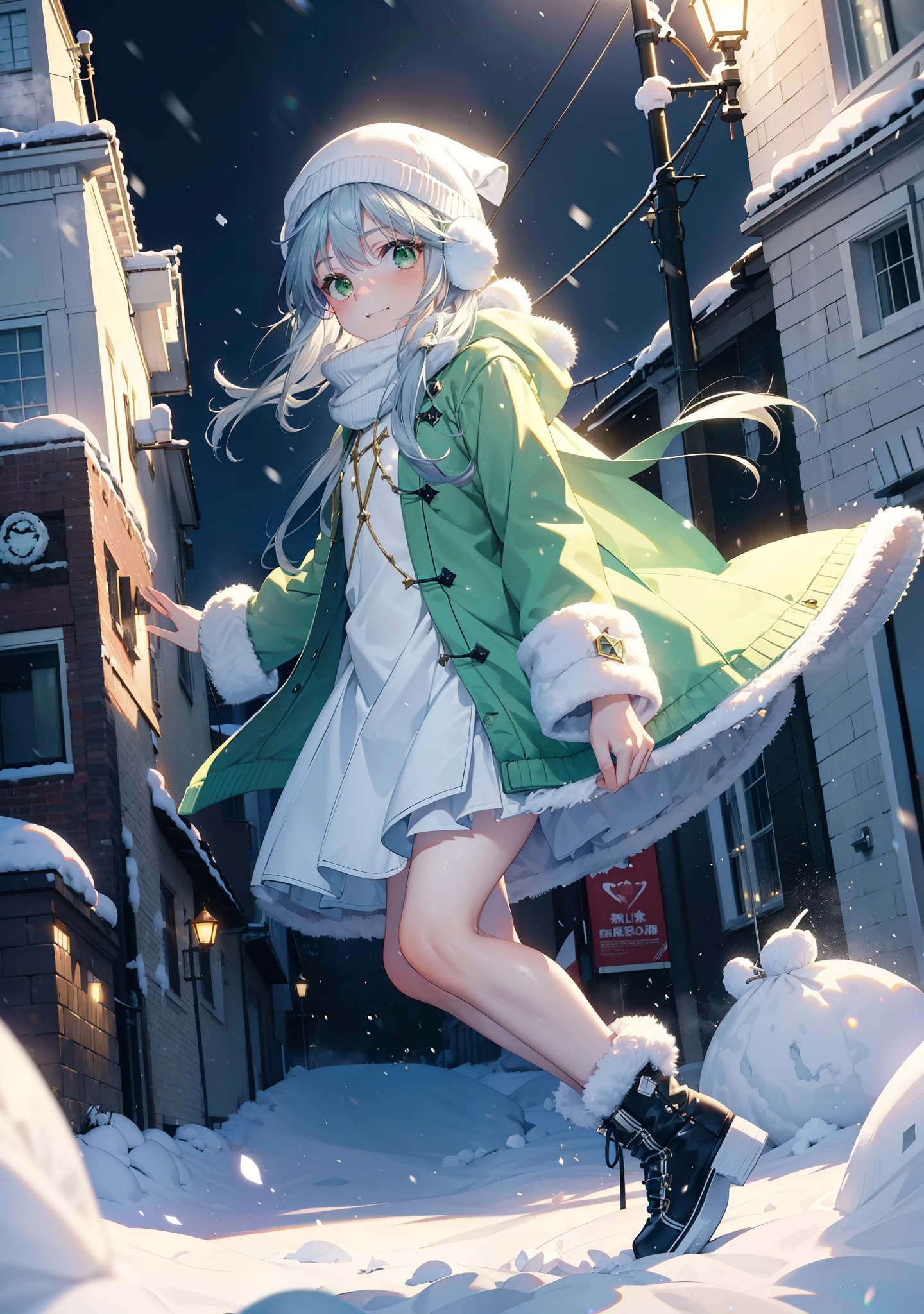 index, index, (Green Eyes:1.5), Silver Hair, Long Hair, (Flat Chest:1.2),happy smile, smile, Open your mouth,Knitted hat,Yellow long coat,White Tokkuri Sweater,Earmuffs,White scarf,Black long skirt,Black pantyhose,short boots,Walking,Snow is piled up,It&#39;s snowing,Snow Scene,Shirogane World,night,moonlight,Let the world enter your illustrations,
break looking at viewer, whole body,
break outdoors, Snow Country,Residential Street,
break (masterpiece:1.2), Highest quality, High resolution, unity 8k wallpaper, (figure:0.8), (Beautiful attention to detail:1.6), Highly detailed face, Perfect lighting, Highly detailed CG, (Perfect hands, Perfect Anatomy),